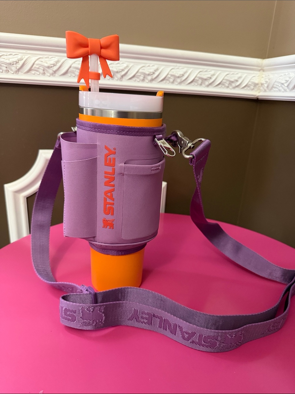 Orange Stanley 40oz cup purple/orange sleeve (straw topper not included)